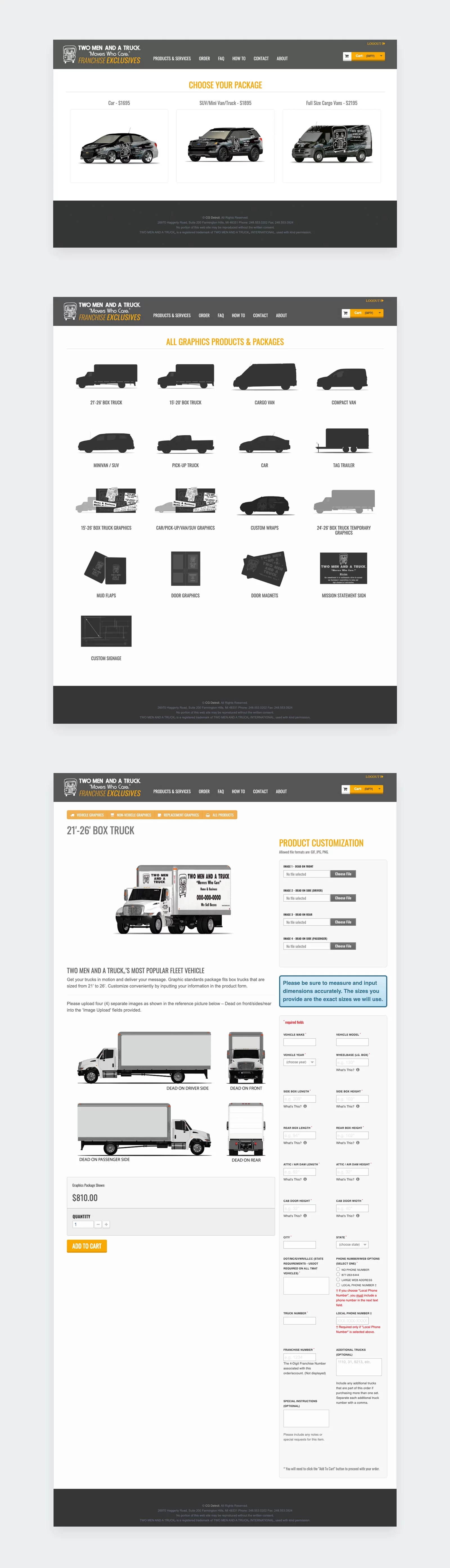 Two Men And A Truck - Vehicle Graphics Website - Full page views of the vehicle options page and 21-26-foot box truck order page