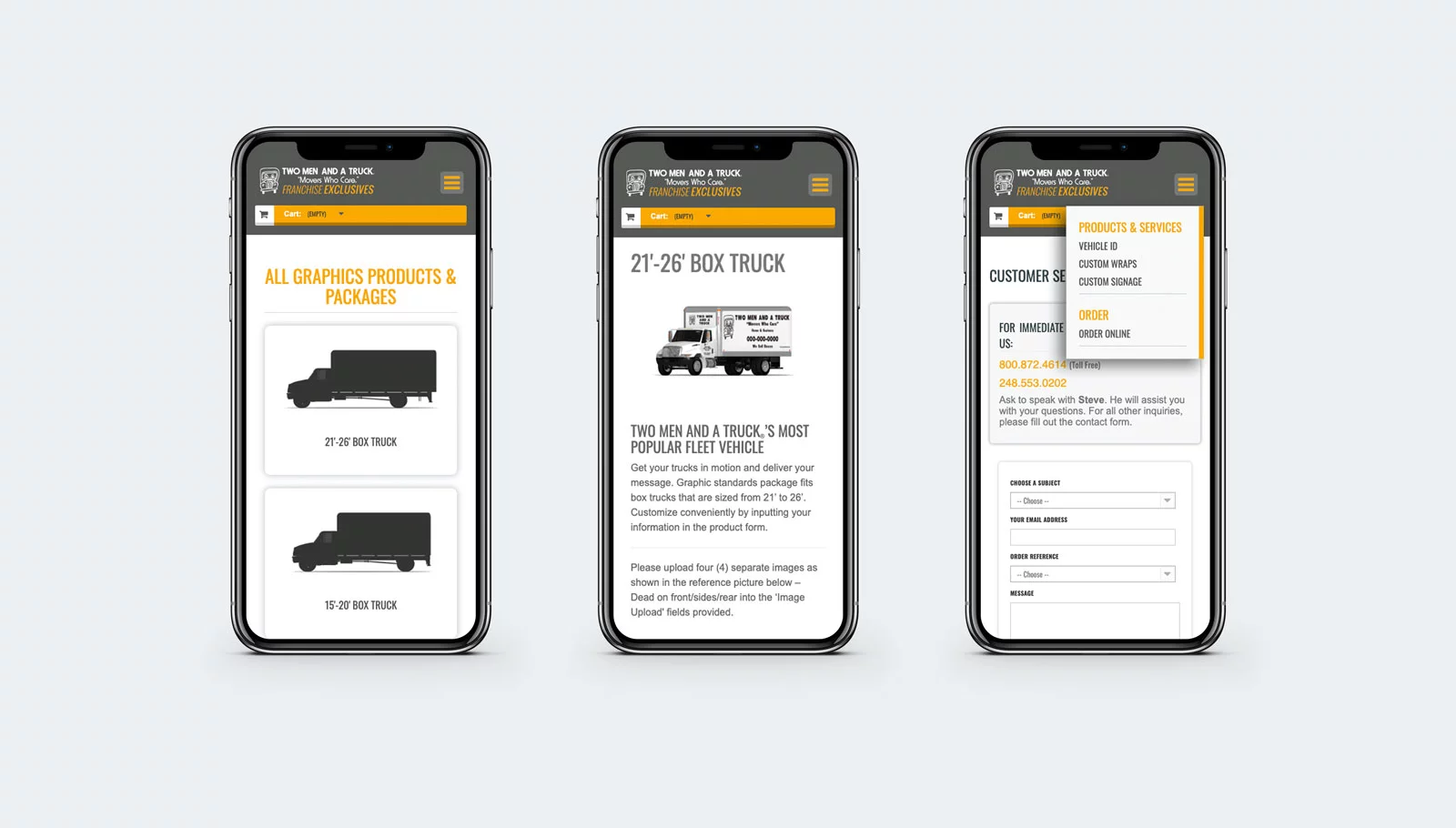 Two Men And A Truck - Vehicle Graphics Website - 3 different mobile views on iPhone in portrait orientation