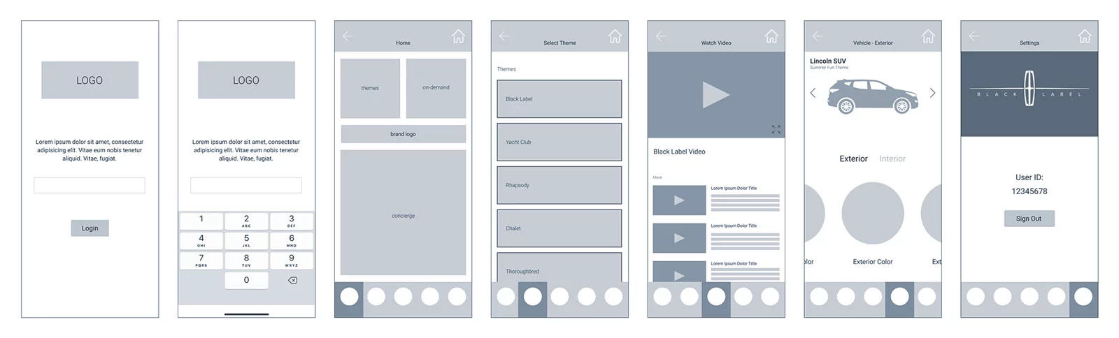 A lineup of 7 wireframe screens showing the flow of the new app design for Black Label