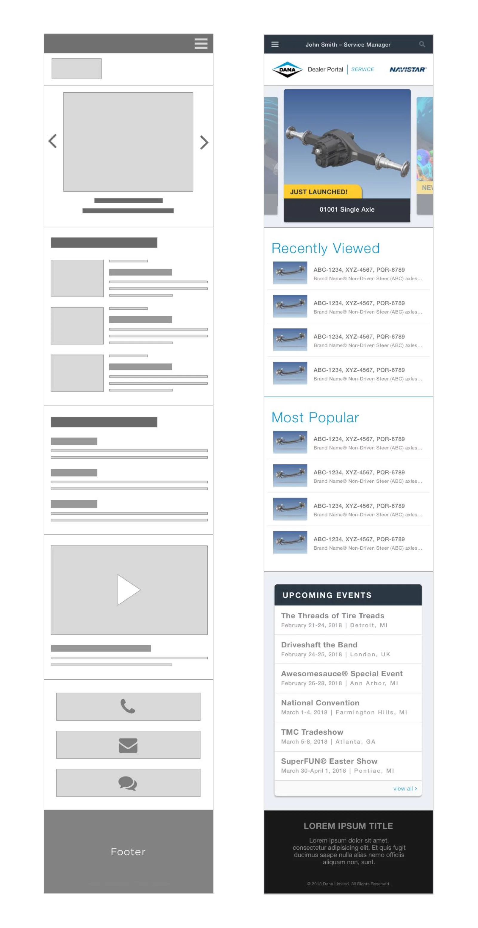 Wireframe - Dana Incorporated Service Manager Dashboard Page - Mobile Views (Full Size)