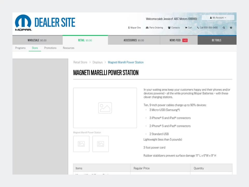Wireframe - Mopar Dealer Site Low Fidelity Store Order Page A